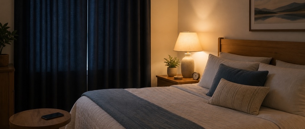 Bedroom with blackout curtains and soft evening lighting for better sleep