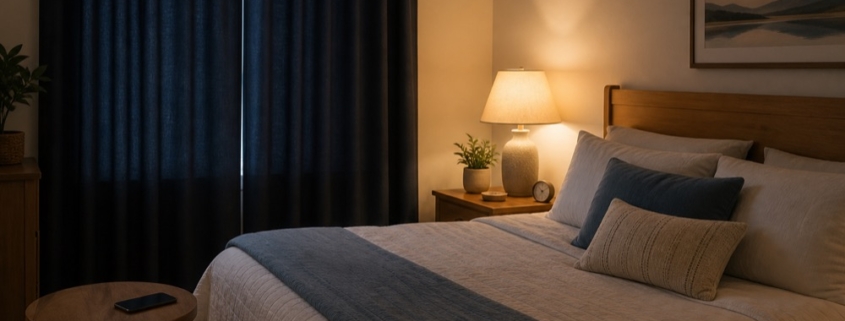Bedroom with blackout curtains and soft evening lighting for better sleep