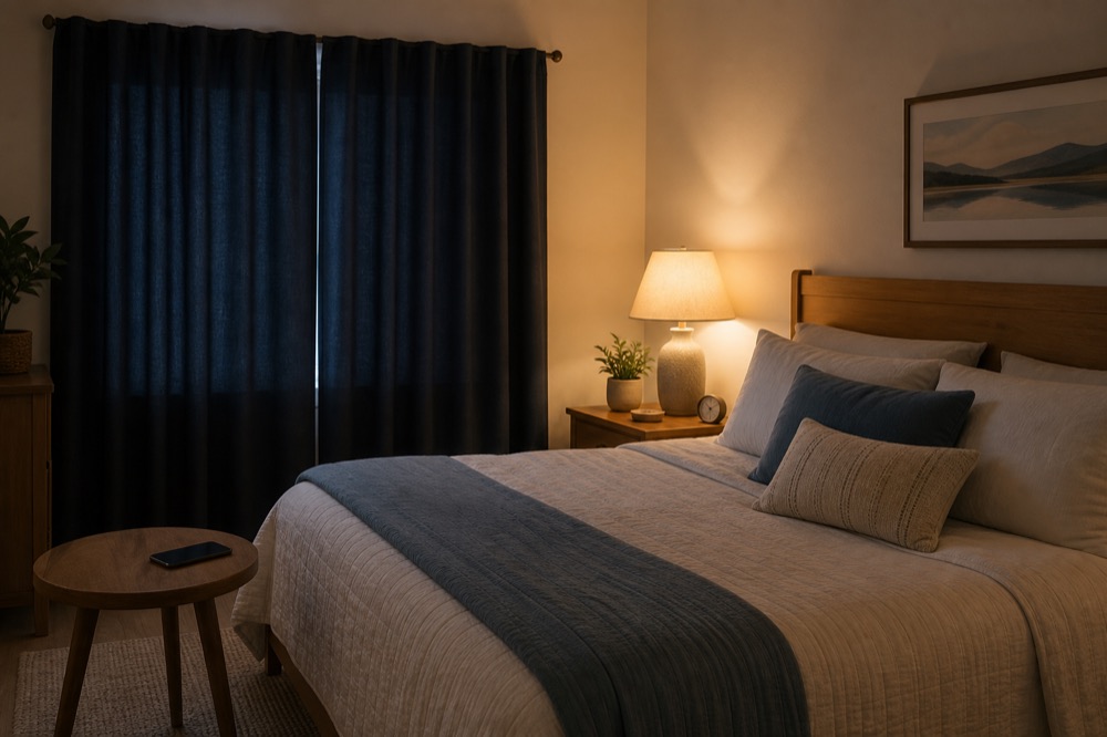 Bedroom with blackout curtains and soft evening lighting for better sleep