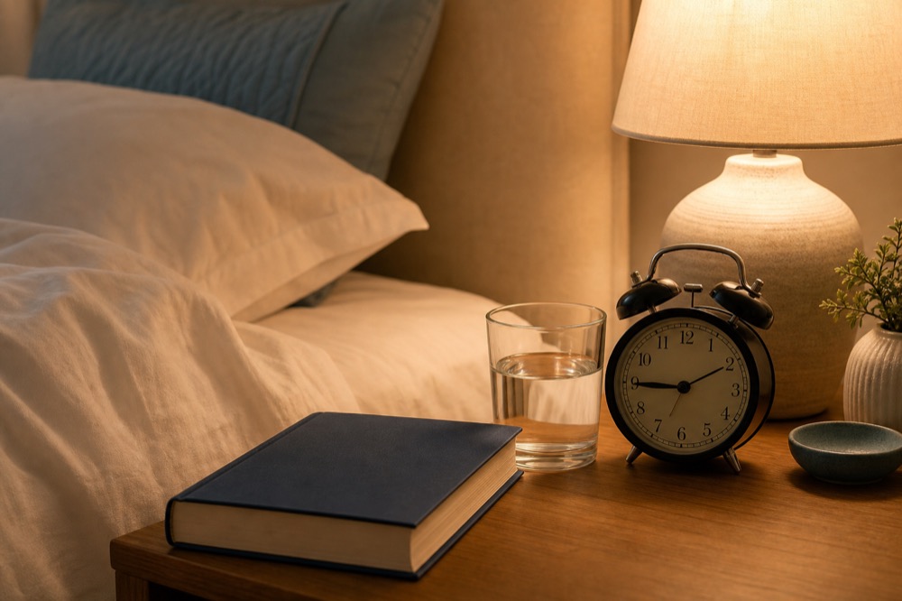 Bedside table with a book, water, lamp and alarm clock for a calm bedtime routine