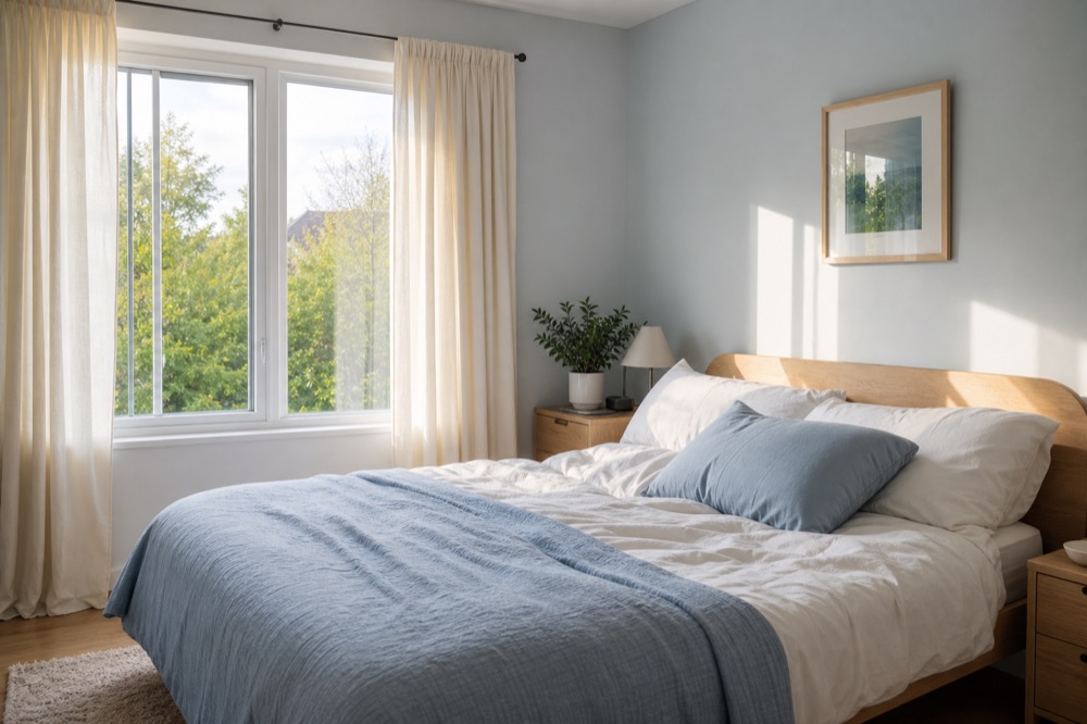 Morning light in a tidy bedroom after a restful night of sleep